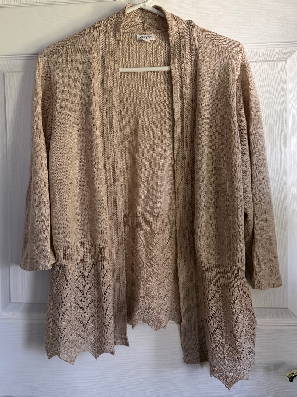 Westport Light Beige Open-Front Crochet-Hem Cardigan